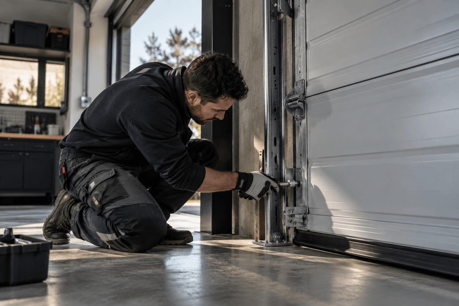 Technician kneeling to adjust the track and bottom bracket of a white sectional garage door